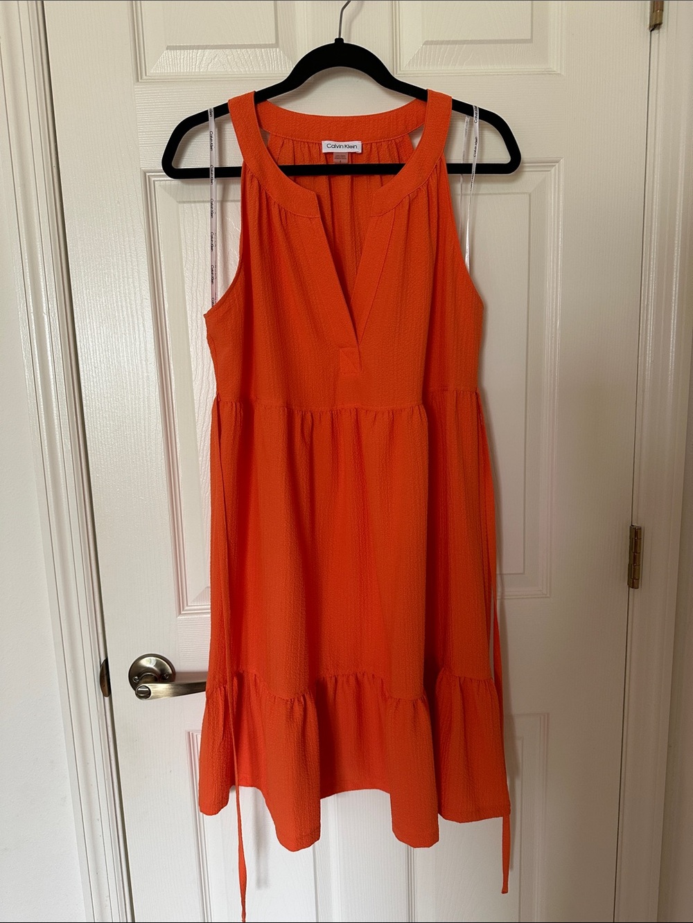 Calvin Klein Bright Orange Sleeveless V-Neck Tiered Mini Dress
